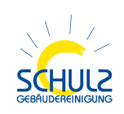 Das Bild zeigt das Logo eines Gebäudereinigungsunternehmens. Es besteht aus dem Schriftzug "SCHULZ GEBÄUDEREINIGUNG" in blauer Schrift. Über dem Buchstaben "C" im Wort "SCHULZ" ist ein gelber Halbkreis, der wie eine aufgehende Sonne aussieht, umgeben von blauen Strahlen.