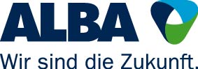 Logo von ALBA mit dem Slogan "Wir sind die Zukunft" darunter. Auf der rechten Seite ist ein stilisiertes, dreifarbiges Symbol.