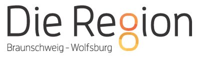 Das Bild zeigt ein Logo mit dem Text "Die Region" in großer Schrift. Unterhalb steht in kleinerer Schrift "Braunschweig - Wolfsburg". Die Buchstaben "g" und "o" im Wort "Region" sind in einem Farbverlauf von Orange nach Gelb gestaltet.