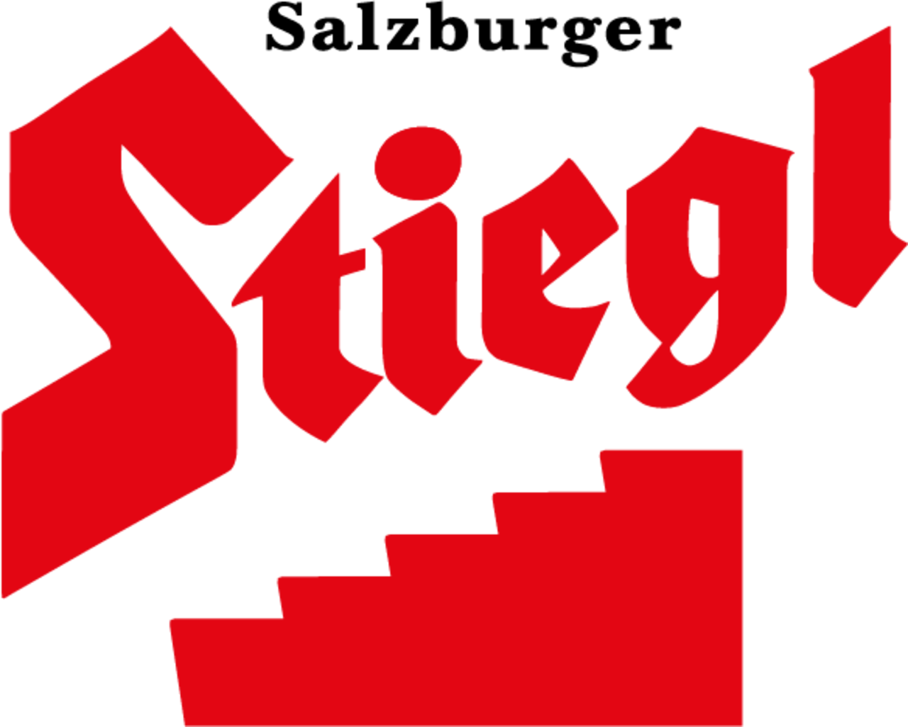 Das Bild zeigt das Logo der Brauerei Stiegl. Der Schriftzug „Stiegl“ ist in roter Frakturschrift dargestellt. Über dem Logo steht „Salzburger“. Unter dem Schriftzug ist eine stilisierte rote Treppenform zu sehen, die zum Design des Logos gehört.