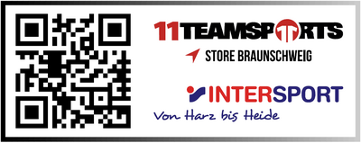 Ein Bild zeigt einen QR-Code auf der linken Seite. Daneben stehen die Logos und Schriftzüge von "11Teamsports" und "Intersport". Über dem Intersport-Logo befindet sich der Text "Store Braunschweig" mit einem kleinen roten Pfeil-Symbol. Darunter steht der Schriftzug "Von Harz bis Heide".