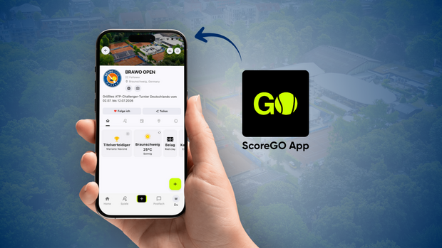 Ein Smartphone wird von einer Hand gehalten, auf dessen Bildschirm die Seite eines Tennis-Events in der ScoreGO-App geöffnet ist. Die App-Seite zeigt Informationen über das "Brawo Open", ein großes ATP-Challenger-Turnier in Braunschweig, Deutschland, das vom 2. bis 12. Juli 2026 stattfindet. Neben dem Smartphone ist das Logo der ScoreGO-App abgebildet, das aus einem stilisierten „GO“ in grüner Schrift mit einem Tennisball-Motiv besteht. Im Hintergrund ist ein leicht verschwommenes Bild von Tennisplätzen und Gebäuden zu sehen.