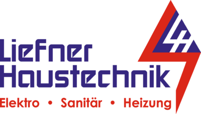 Das Bild zeigt ein Logo für "Liefner Haustechnik". Der Text ist in blauer und roter Schrift gehalten. Der Name der Firma steht oben in blauer Schrift: "Liefner Haustechnik". Darunter stehen die Dienstleistungen: "Elektro", "Sanitär" und "Heizung" in roter Schrift, getrennt durch rote Punkte. Rechts befindet sich ein grafisches Element in Form eines stilisierten Blitzes, der in Rot und Blau gehalten ist.