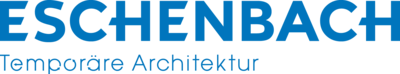 Das Bild zeigt ein Logo mit dem Text "ESCHENBACH" in großen, blauen Buchstaben. Darunter steht in kleineren, ebenfalls blauen Buchstaben "Temporäre Architektur". Der Hintergrund ist weiß.