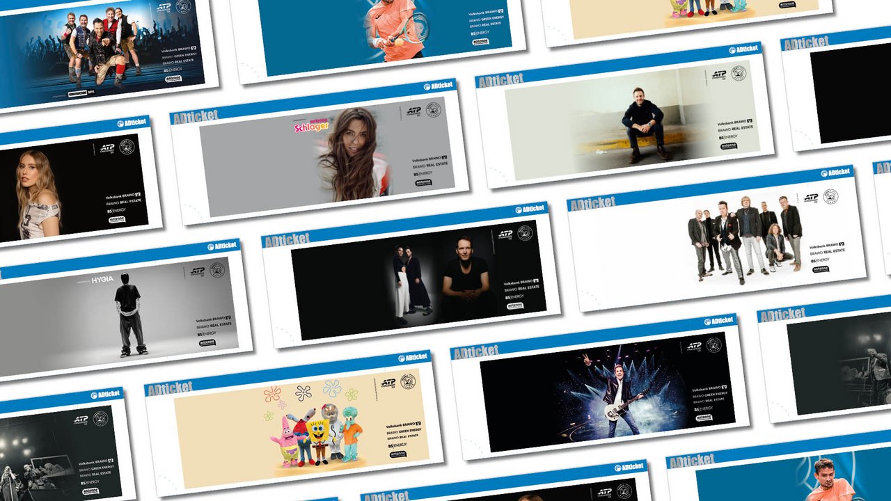 Das Bild zeigt eine Collage von verschiedenen Veranstaltungstickets. Jedes Ticket hat ein einzigartiges Design, das Personen, Bands oder Animationen zeigt. Einige Menschen posieren lächelnd in Freizeitkleidung, während andere in sportlichen oder künstlerischen Szenen abgebildet sind. Die Tickets tragen das Logo von "ADticket" und enthalten Informationen von Sponsoren und Veranstaltungsorten. Die Farben und Motive variieren und schaffen ein lebendiges und vielfältiges Gesamtbild.