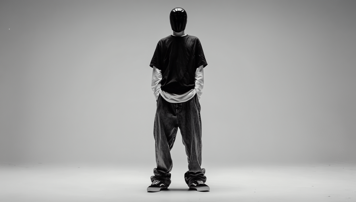 Ein Person steht vor einem schlichten grauen Hintergrund. Sie trägt ein schwarzes T-Shirt über einem langärmeligen weißen Shirt, weite schwarze Hosen und schwarze Sneaker. Ihr Gesicht ist mit einer glänzenden schwarzen Maske verdeckt. Die Pose wirkt entspannt, mit den Händen in den Hosentaschen.