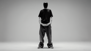Ein Person steht vor einem schlichten grauen Hintergrund. Sie trägt ein schwarzes T-Shirt über einem langärmeligen weißen Shirt, weite schwarze Hosen und schwarze Sneaker. Ihr Gesicht ist mit einer glänzenden schwarzen Maske verdeckt. Die Pose wirkt entspannt, mit den Händen in den Hosentaschen.