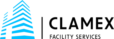 Das Bild zeigt ein Logo, das aus einem stilisierten blauen Hochhaus besteht. Rechts davon steht in großen schwarzen Buchstaben der Name "CLAMEX". Darunter ist der Schriftzug "FACILITY SERVICES" in kleineren Buchstaben zu sehen.