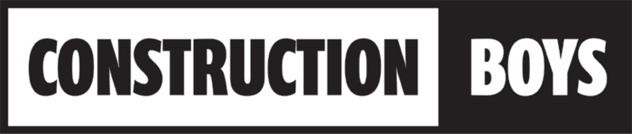 Der Alternativtext für das Bild könnte lauten: "Schwarz-weißes Logo mit der Aufschrift 'CONSTRUCTION BOYS' in fettgedruckten Großbuchstaben. Die Worte sind getrennt durch ein weißes Rechteck."