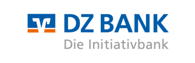 Logo der DZ Bank mit einem Symbol in Blau und Orange auf der linken Seite. Rechts daneben steht in blauer Schrift "DZ BANK" und darunter in grauer Schrift "Die Initiativbank".