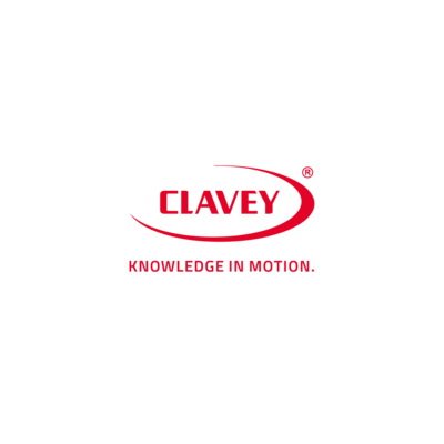 Das Bild zeigt ein Logo mit dem Wort "CLAVEY" in roter Schrift, begleitet von einem stilisierten, geschwungenen roten Halbkreis, der das Wort teilweise umschließt. Darunter steht der Slogan "KNOWLEDGE IN MOTION." ebenfalls in Rot. Der Hintergrund ist weiß.