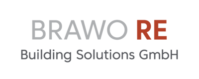 Logo der BRAVO RE Building Solutions GmbH. Der Text "BRAVO" ist in grauer Farbe geschrieben, während "RE" in Rot hervorgehoben ist. Darunter steht in kleinerer grauer Schrift "Building Solutions GmbH".