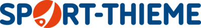 Das Bild zeigt das Logo von Sport-Thieme. Der Schriftzug "SPORT-THIEME" ist in blauer Farbe geschrieben. Links vom Text befindet sich ein abstraktes, orangefarbenes Symbol mit einer stilisierten Sportfigur. Der Hintergrund ist transparent.