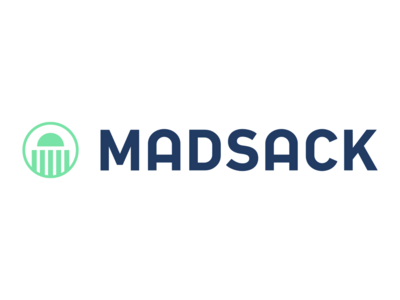 Das Bild zeigt das Logo von MADSACK. Links im Bild befindet sich ein kreisförmiges Logo in Hellgrün, das eine stilisierte Kuppel und Säulen darstellt. Rechts daneben ist in großen, dunkelblauen Buchstaben das Wort "MADSACK" geschrieben. Der Hintergrund ist weiß.